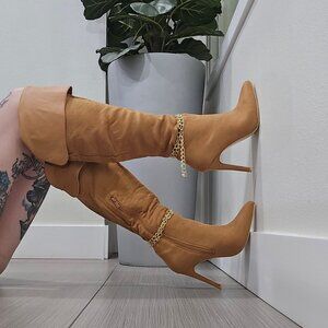 Tan Suede ✦ Over-The-Knee Heeled Boots ✦ Gold Chain Detail Side Zip Pointed Toe